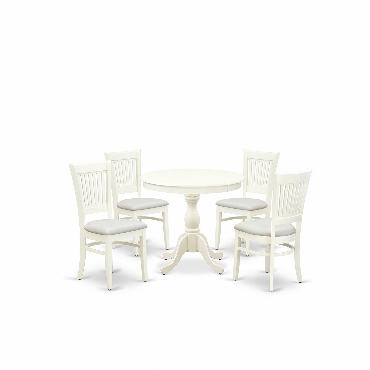 EAST WEST FURNITURE - AMVA5-LWH-C - 5-Piece Dinette Room Set- 4 dining room chairs and Wooden Dining Table - Linen Fabric Seat and Slatted Chair Back (linen white Finish)