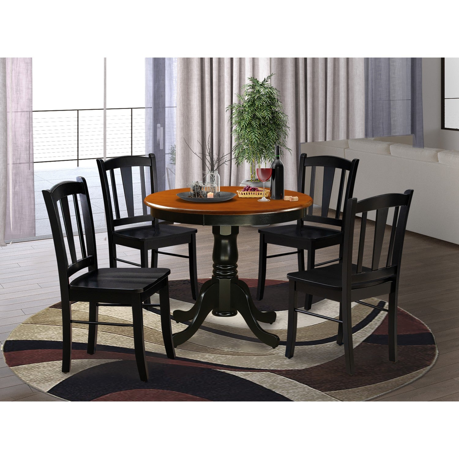 EAST WEST FURNITURE - ANDL5-BLK-W - 5-Pc Kitchen Dining Room Set- 4 Dining Chairs and Kitchen Dining Table - Wooden Seat and Slatted Chair Back (Black Finish)