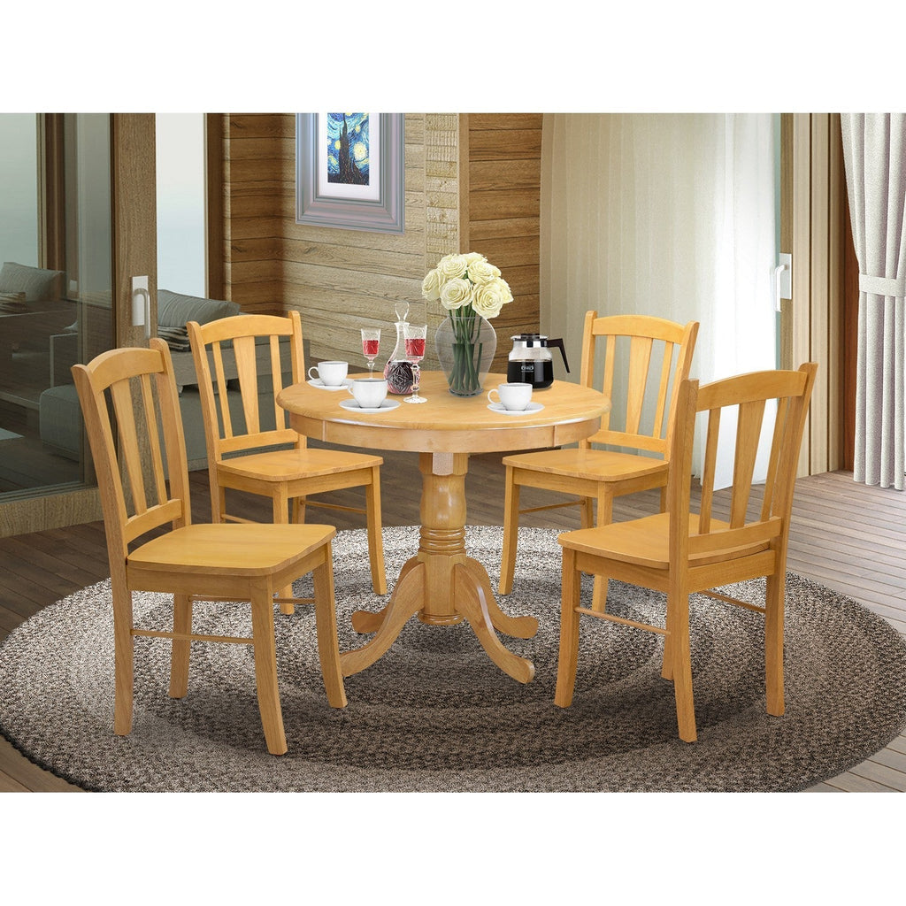 EAST WEST FURNITURE - ANDL5-OAK-W - 5-Pc Dining Room Table Set- 4 Dining Room Chair and dining table - Wooden Seat and Slatted Chair Back - Oak Finish