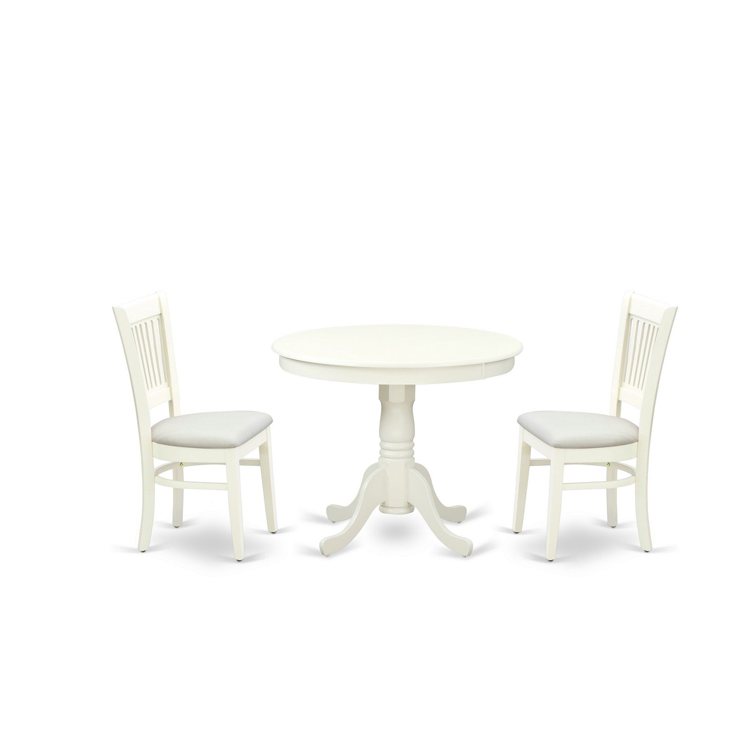 EAST WEST FURNITURE - ANVA3-LWH-C - 3-Pc Dining Room Table Set- 2 Wooden Chairs and Round Dining Table - Linen Fabric Seat and Slatted Chair Back (linen white Finish)