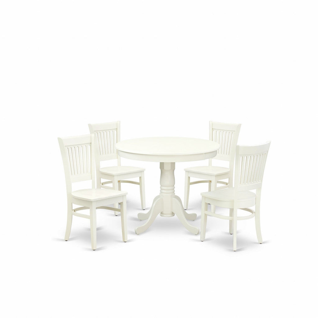 EAST WEST FURNITURE - ANVA5-LWH-W - 5-Piece Kitchen Dining Set- 4 Wooden Chairs and Dining Room Table - Wooden Seat and Slatted Chair Back (linen white Finish)