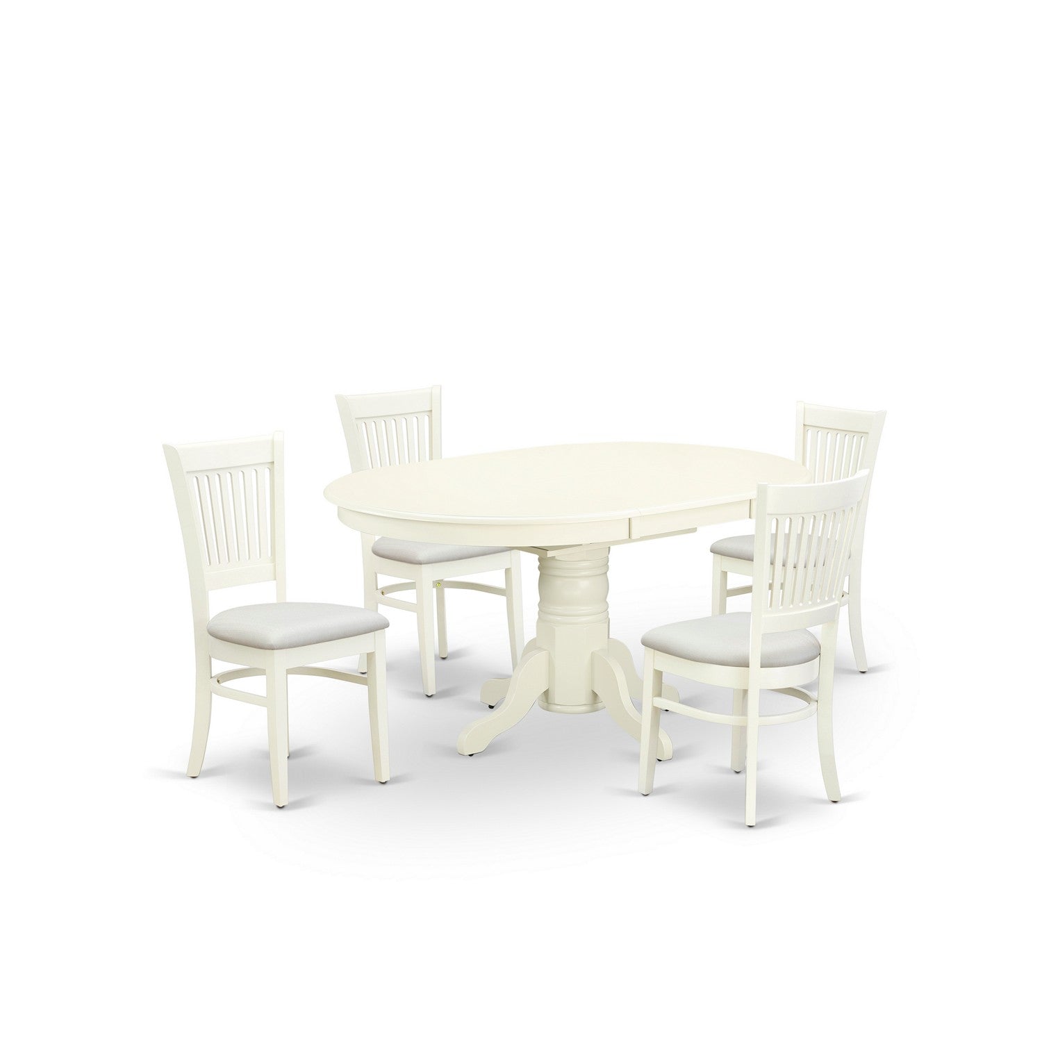 EAST WEST FURNITURE - AVVA5-LWH-C - 5-Pc Dinette Room Set- 4 Mid Century Dining Chairs with Linen Fabric Seat and Slatted Chair Back - Removable leaf Wood Dining Table - linen white Finish