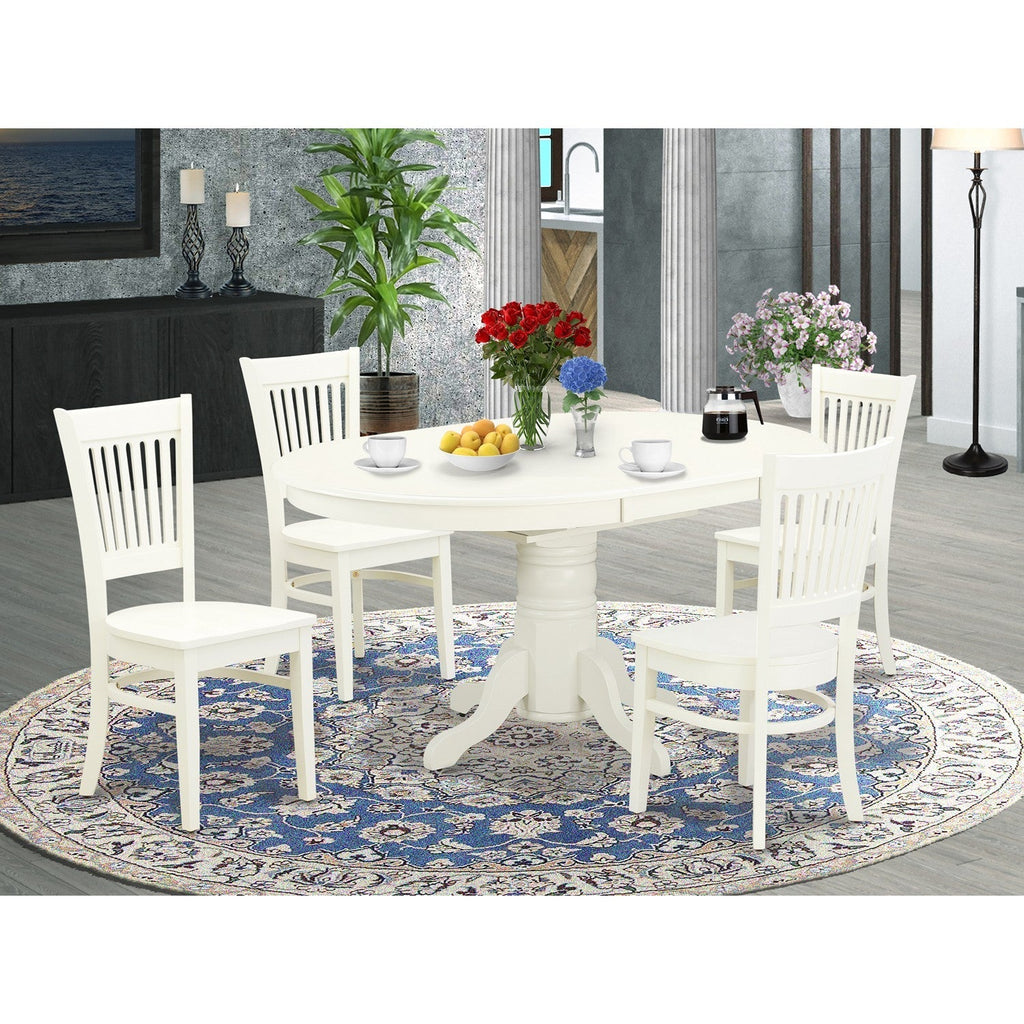 EAST WEST FURNITURE - AVVA5-LWH-W - 5-Piece Modern Dining Set- 4 Mid Century Chair with Wooden Seat and Slatted Chair Back - Removable leaf Oval Dining Table - linen white Finish