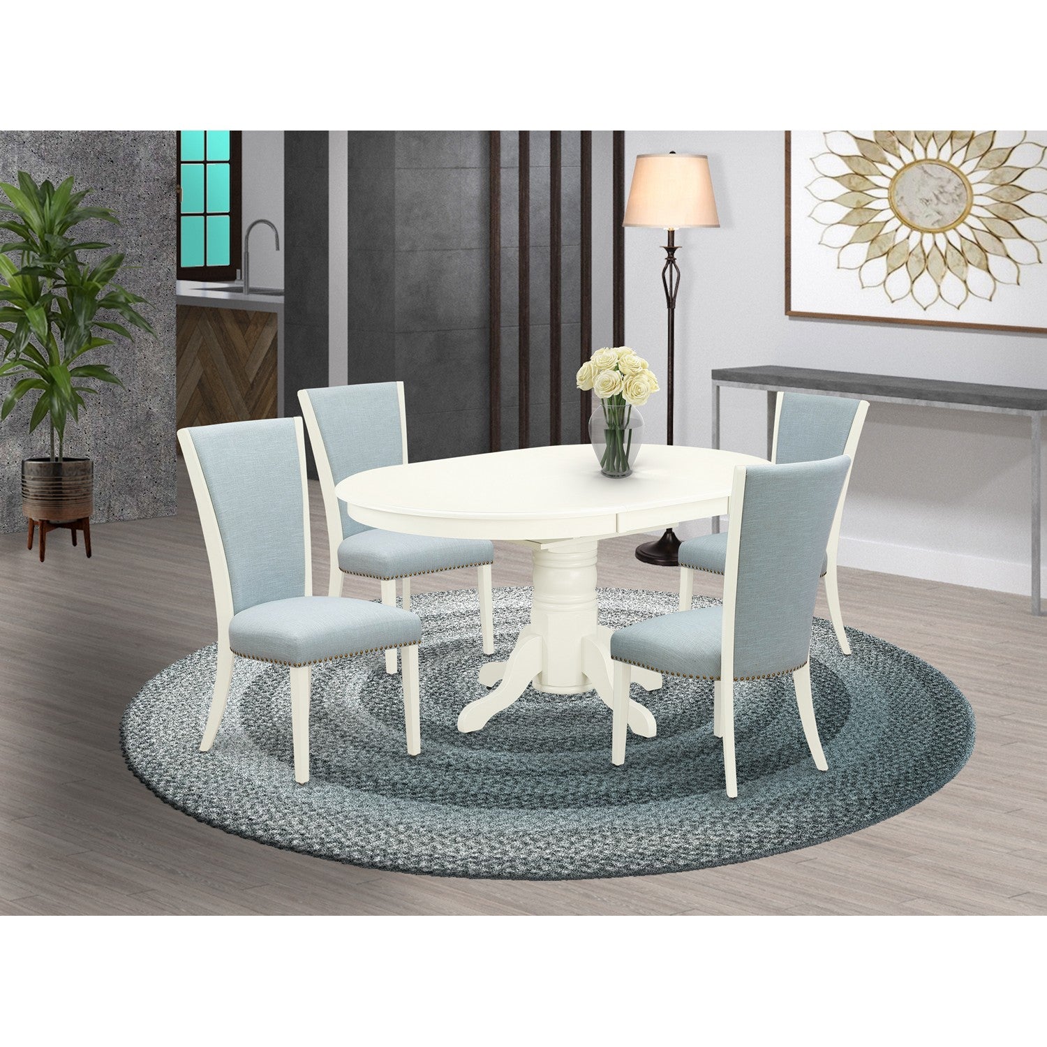 EAST WEST FURNITURE - AVVE5-LWH-15 - 5 Pc Dining Room Table Set - 4 Baby Blue Linen Fabric Dining Padded Chairs with High Back and 1 Removable leaf Oval Dining Table - linen white Finish