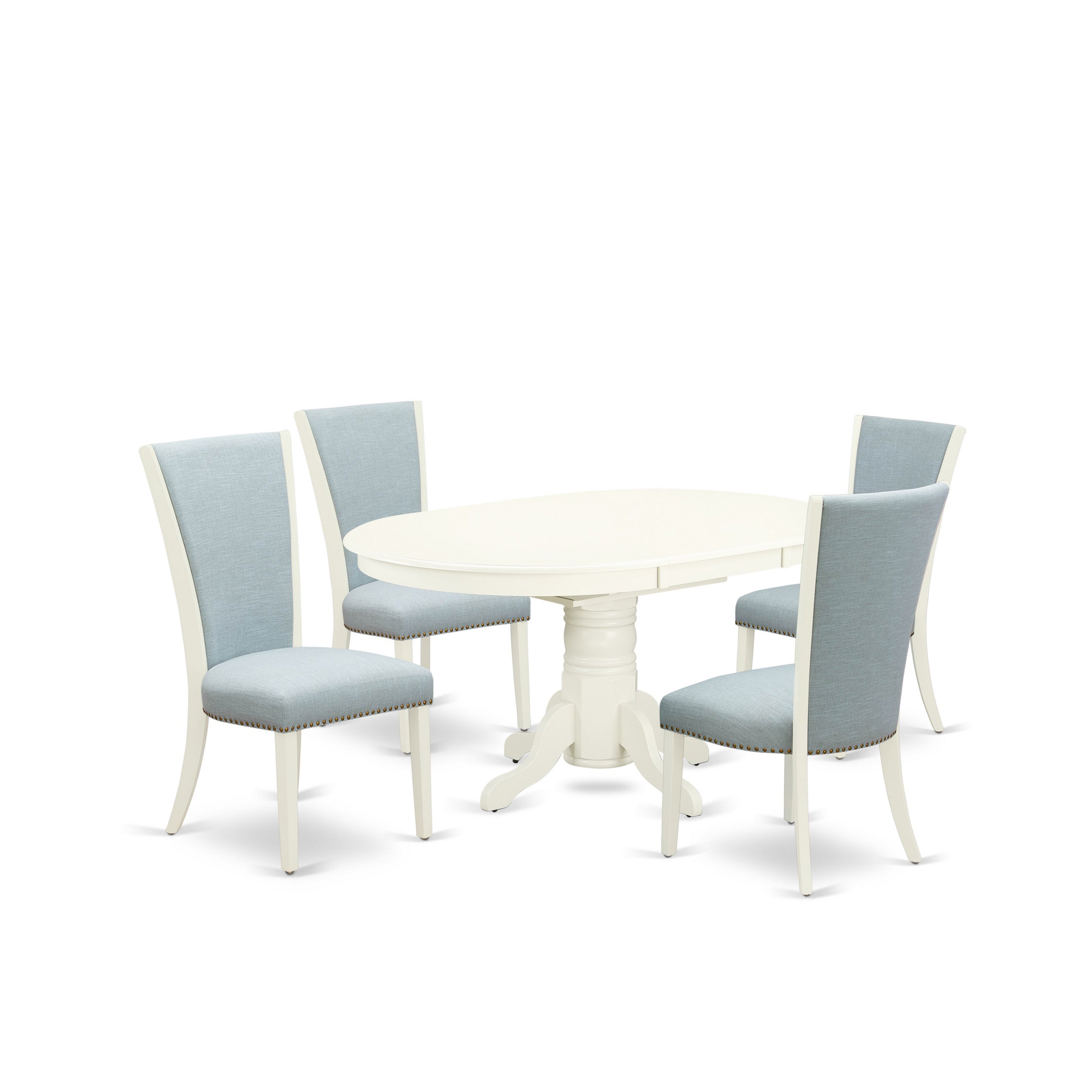EAST WEST FURNITURE - AVVE5-LWH-15 - 5 Pc Dining Room Table Set - 4 Baby Blue Linen Fabric Dining Padded Chairs with High Back and 1 Removable leaf Oval Dining Table - linen white Finish