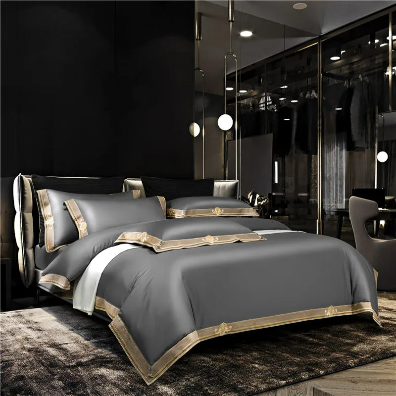 Anahi Embroidered Motif Border Egyptian Cotton Bedding Set | 3CARATS