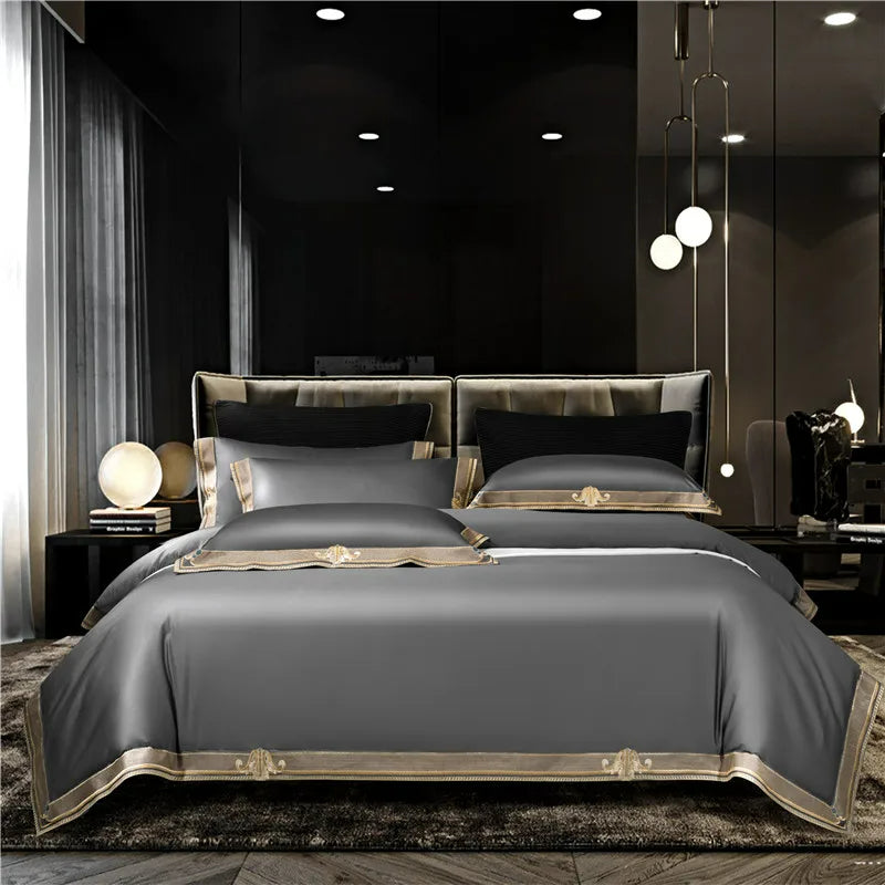 Anahi Embroidered Motif Border Egyptian Cotton Bedding Set | 3CARATS