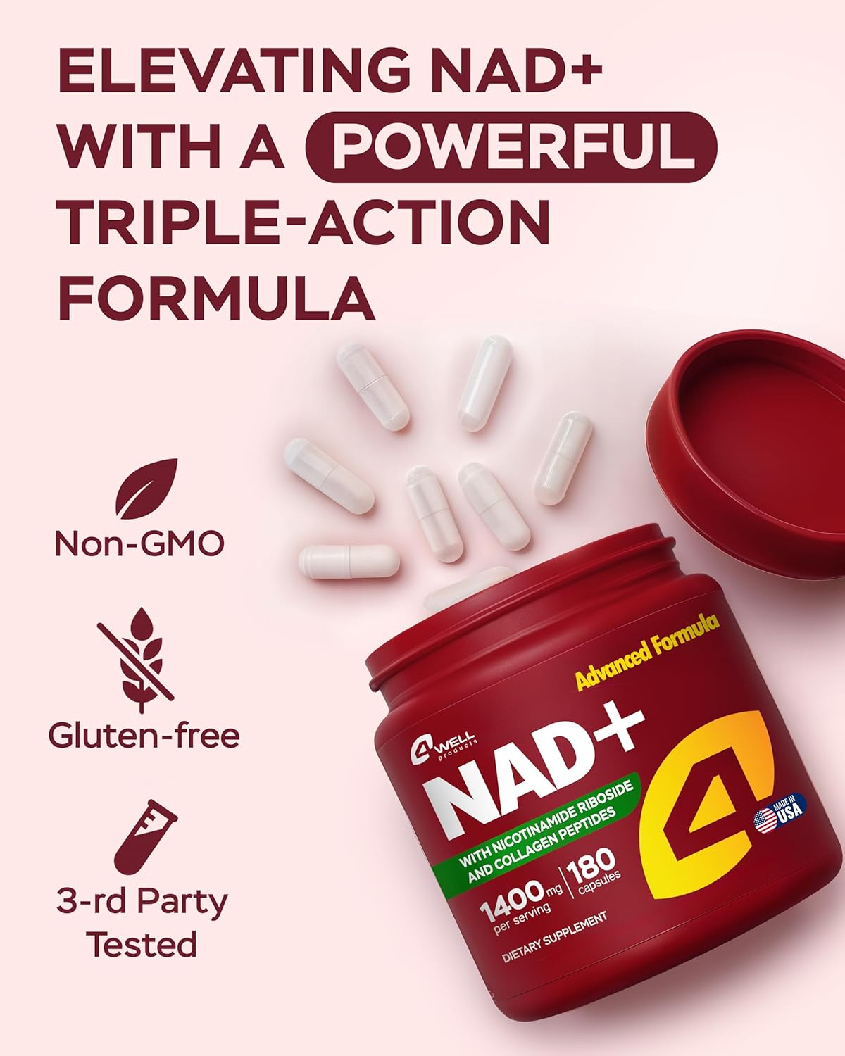 NAD Plus Supplement 1400mg with Nicotinamide Riboside, Collagen - 180 Capsules