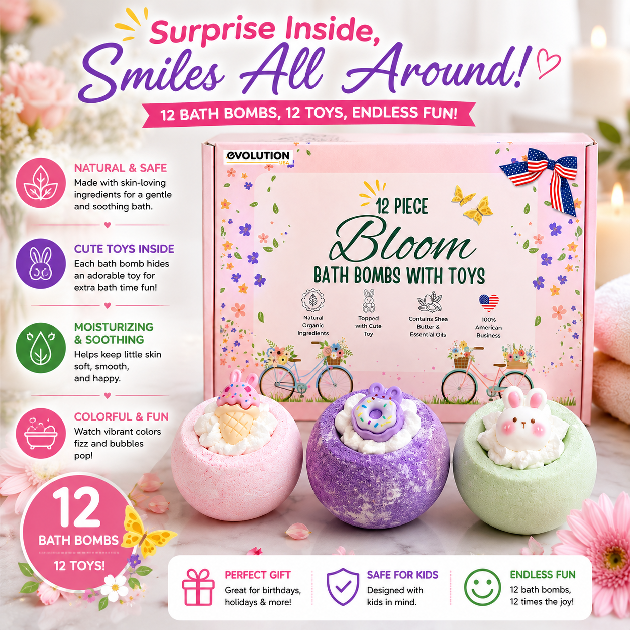 EvolutionUSA 12pc Bloom Bath Bombs with Toys