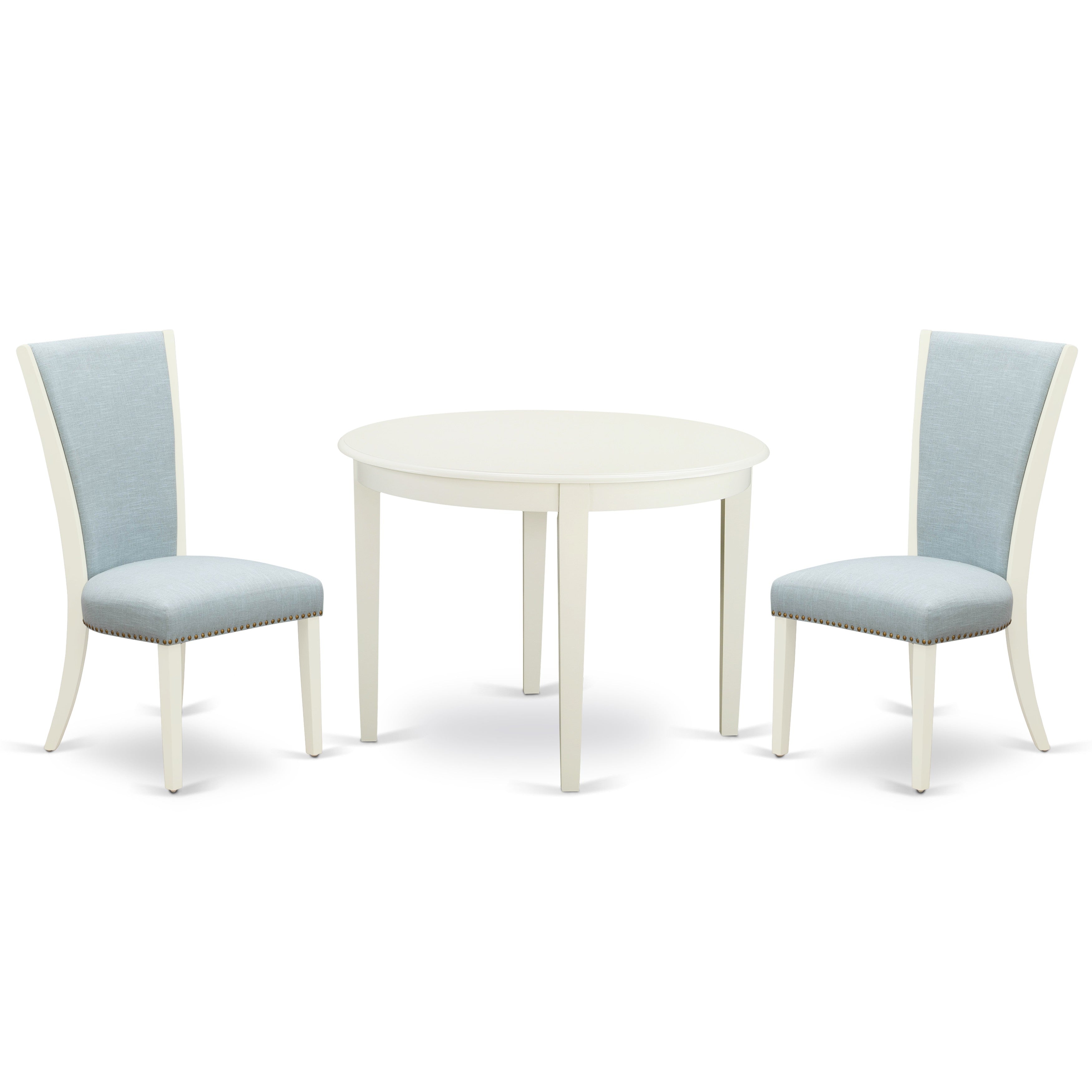 EAST WEST FURNITURE - BOVE3-WHI-15 - 3 Piece Dining Table Set - 2 Baby Blue Linen Fabric Kitchen Chairs with High Back and 1 Modern Rectangular Dining Table - linen white Finish