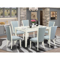 EAST WEST FURNITURE - CAVE7-LWH-15 - 7 Piece Dining Room Set - 6 Baby Blue Linen Fabric Dining Padded Chairs with High Back and 1 Kitchen Dining Table - linen white Finish