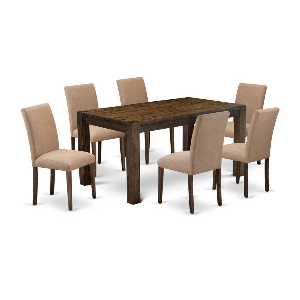 EAST WEST FURNITURE - CNAB7-77-47 - 7-Pc Dinette Room Set- 6 Dining Chairs and Rectangular Dining Table - Light Sable Linen Fabric Seat and High Chair Back (Distressed Jacobean Finish)