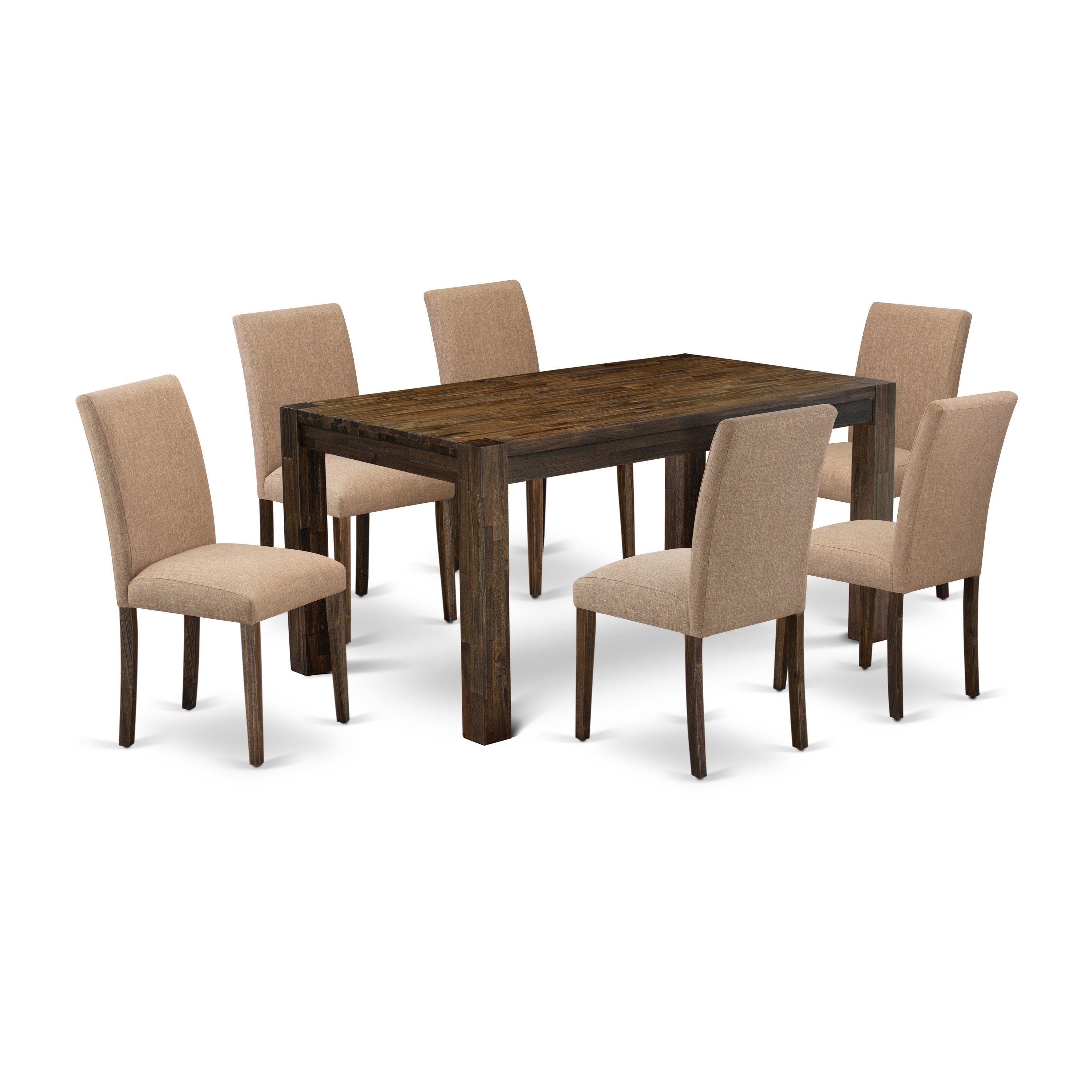 EAST WEST FURNITURE - CNAB7-77-47 - 7-Pc Dinette Room Set- 6 Dining Chairs and Rectangular Dining Table - Light Sable Linen Fabric Seat and High Chair Back (Distressed Jacobean Finish)