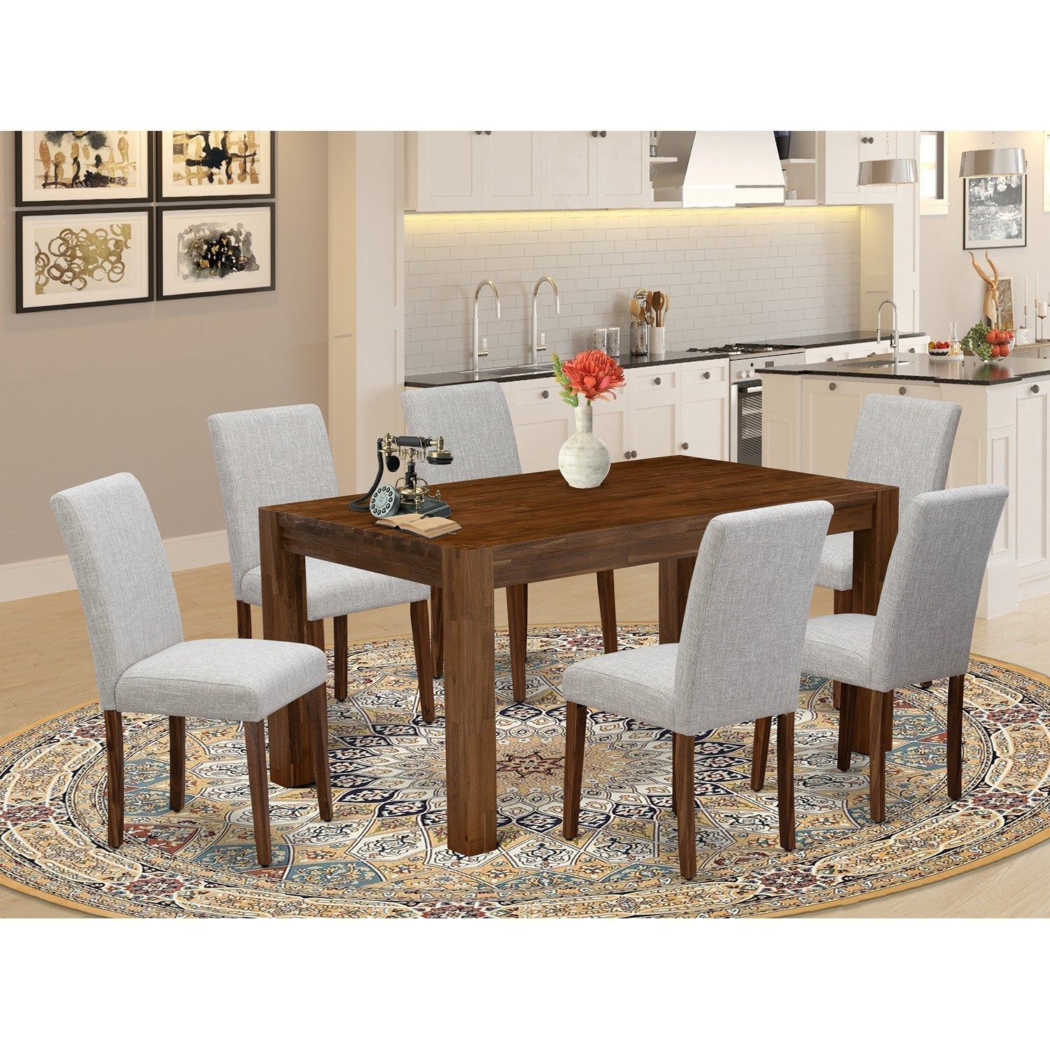 EAST WEST FURNITURE - CNAB7-NN-35 - 7-Pc Dining Room Set- 6 Dining Padded Chairs and dining table - Doeskin Linen Fabric Seat and High Chair Back (Antique Walnut Finish)