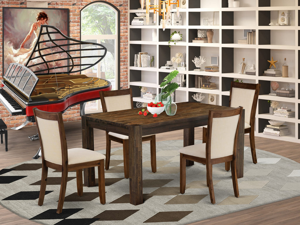 EAST WEST FURNITURE - CNMZ5-N7-32 - 5-Piece Dinner Table Set - A Mid Century Dining Table and 4 Light Beige Linen Fabric Padded Wood Dining Chairs with Stylish High Back – (Distressed Jacobean Finish)