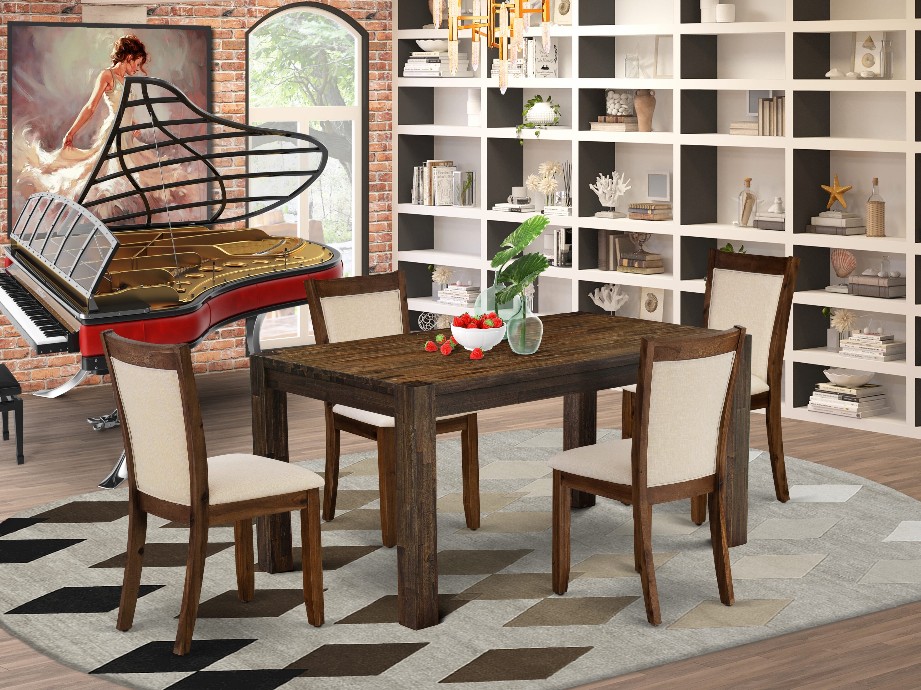 EAST WEST FURNITURE - CNMZ5-N7-32 - 5-Piece Dinner Table Set - A Mid Century Dining Table and 4 Light Beige Linen Fabric Padded Wood Dining Chairs with Stylish High Back – (Distressed Jacobean Finish)