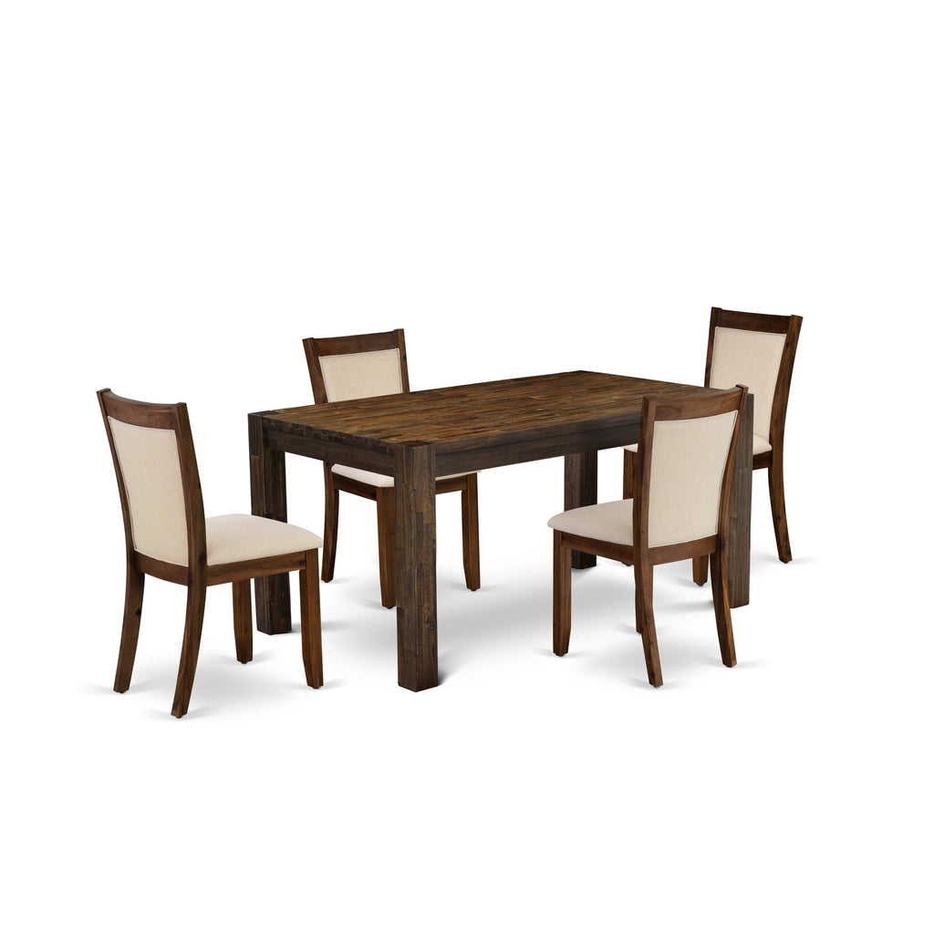 EAST WEST FURNITURE - CNMZ5-N7-32 - 5-Piece Dinner Table Set - A Mid Century Dining Table and 4 Light Beige Linen Fabric Padded Wood Dining Chairs with Stylish High Back – (Distressed Jacobean Finish)