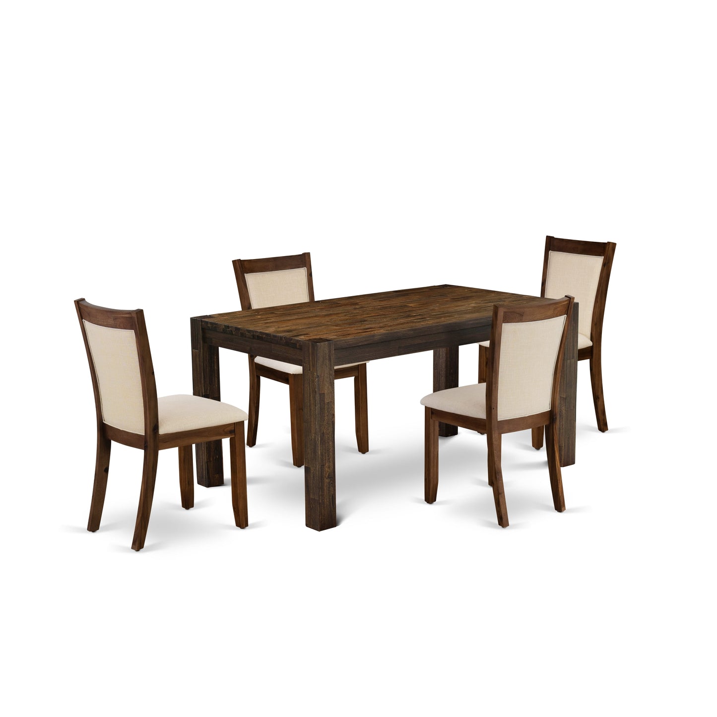 EAST WEST FURNITURE - CNMZ5-N7-32 - 5-Piece Dinner Table Set - A Mid Century Dining Table and 4 Light Beige Linen Fabric Padded Wood Dining Chairs with Stylish High Back – (Distressed Jacobean Finish)
