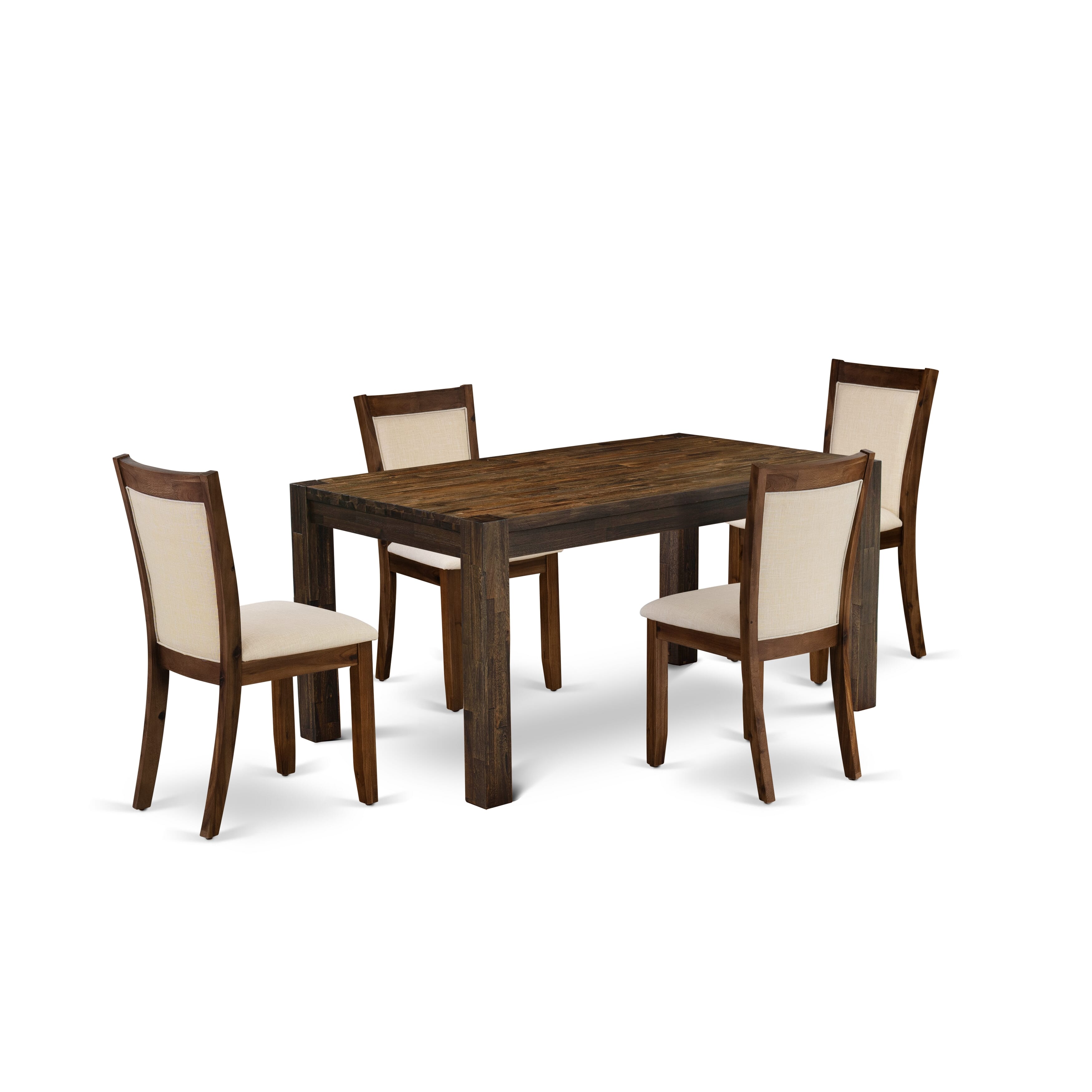EAST WEST FURNITURE - CNMZ5-N7-32 - 5-Piece Dinner Table Set - A Mid Century Dining Table and 4 Light Beige Linen Fabric Padded Wood Dining Chairs with Stylish High Back – (Distressed Jacobean Finish)