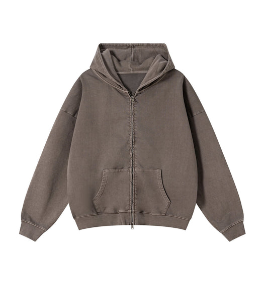 BROWN VINTAGE WASH ZIP HOODIE