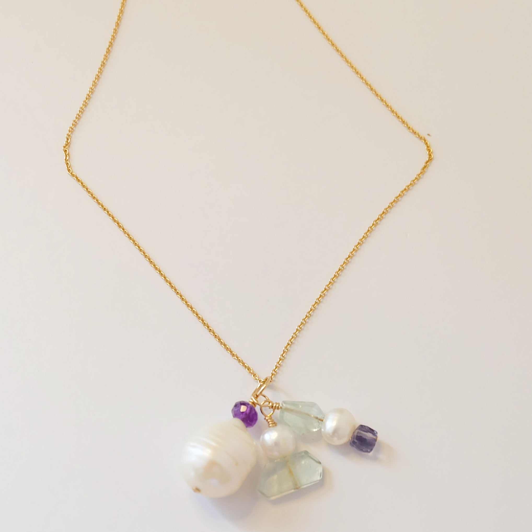 Pearl Amethyst Aquamarine Charm Necklace