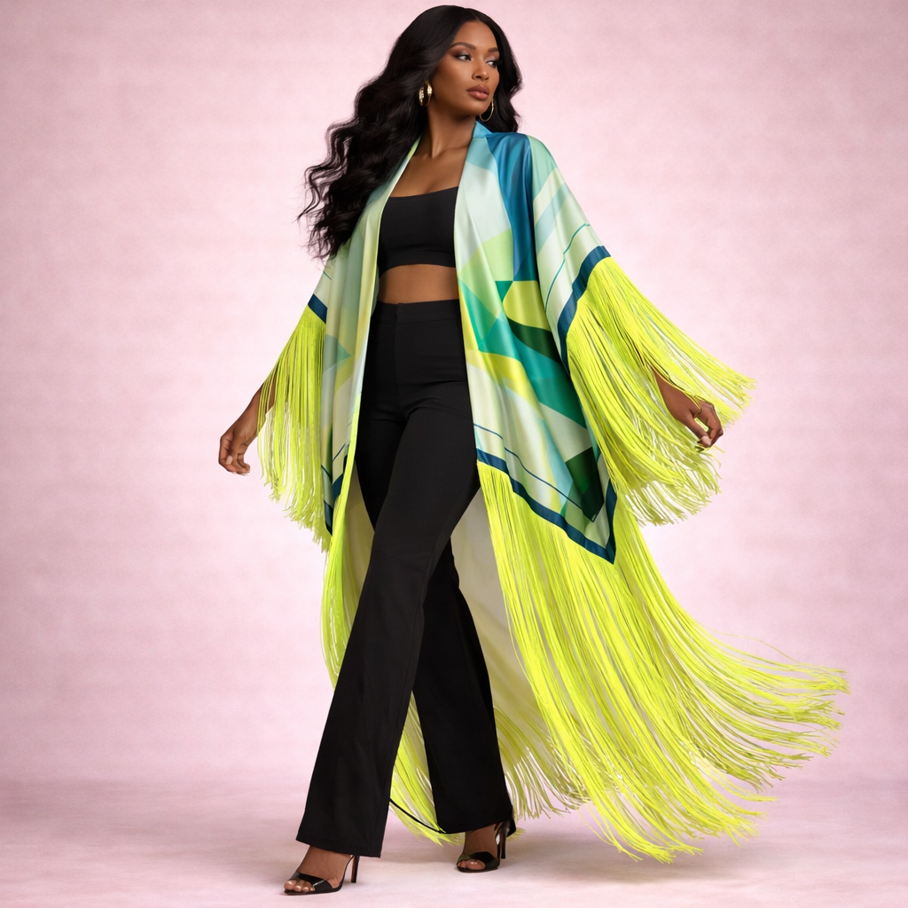 Neon Tropical Oasis Tasseled Kimono