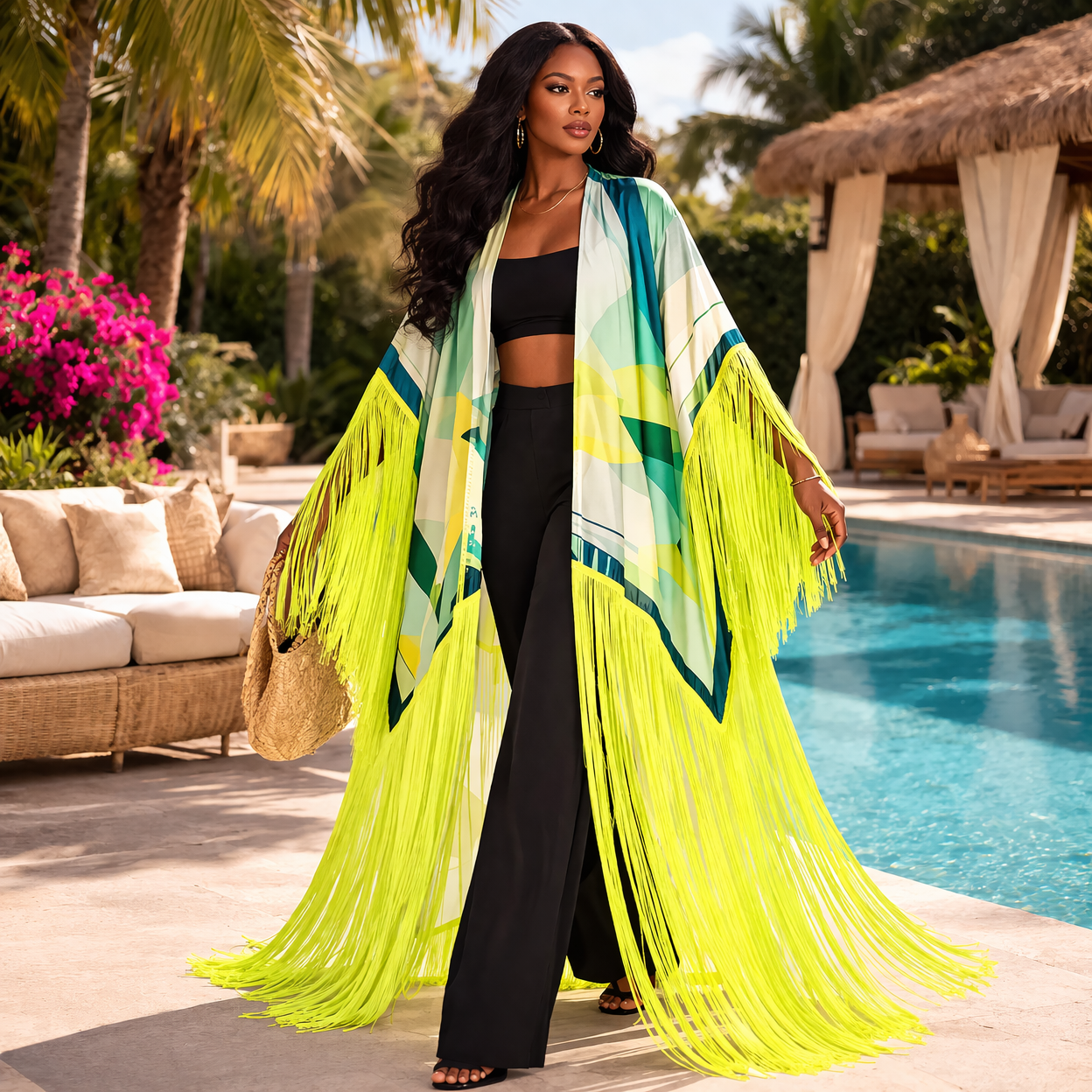 Neon Tropical Oasis Tasseled Kimono