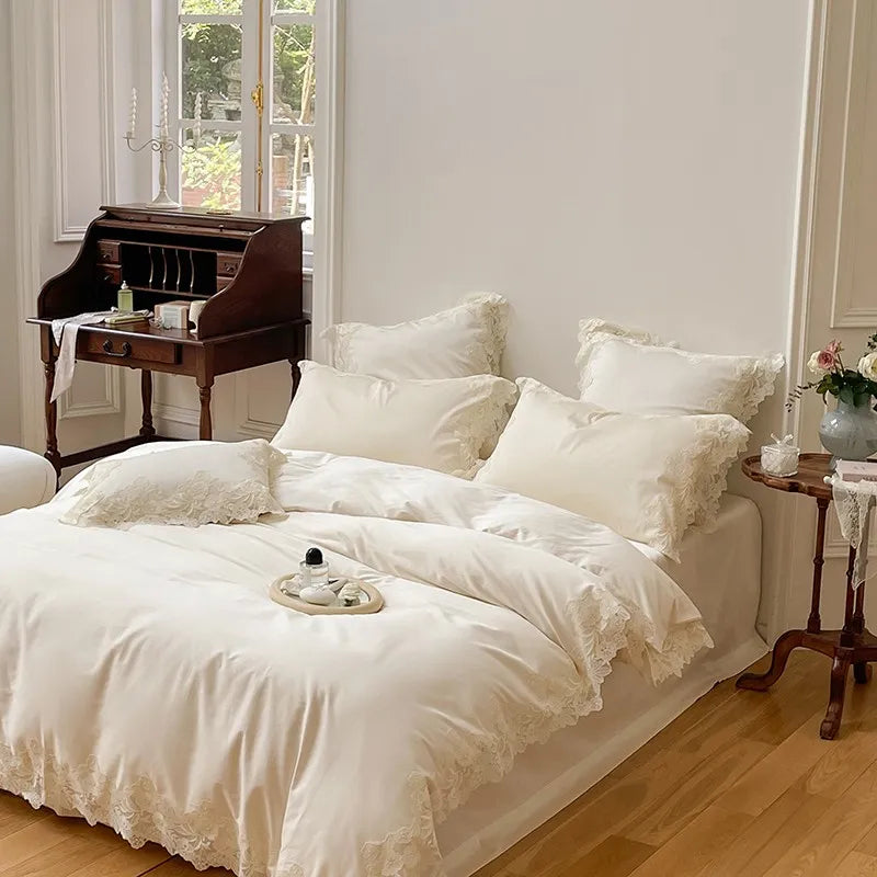 French Wedding Chic White Lace Bedding Set | Yedwo Home
