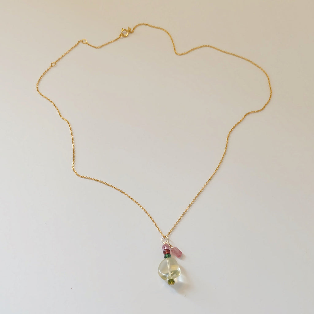 Green Amethyst & Tourmaline Gold Charm Necklace