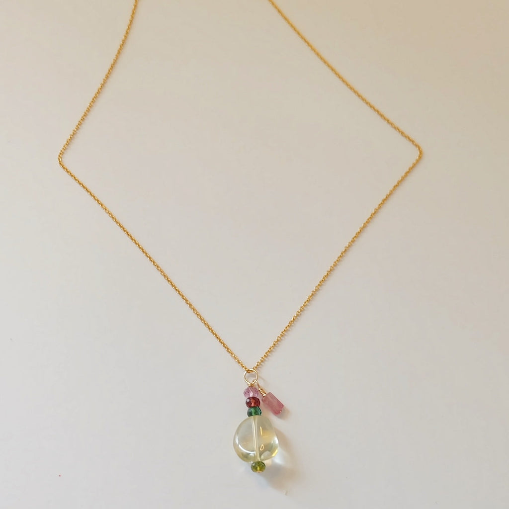 Green Amethyst & Tourmaline Gold Charm Necklace