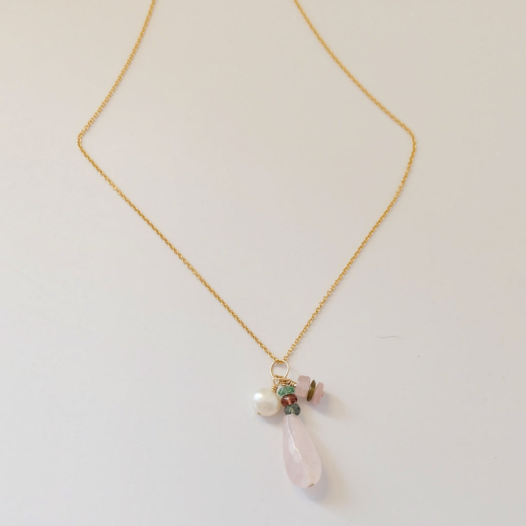 Rose Quartz & Tourmaline Gold Charm Necklace