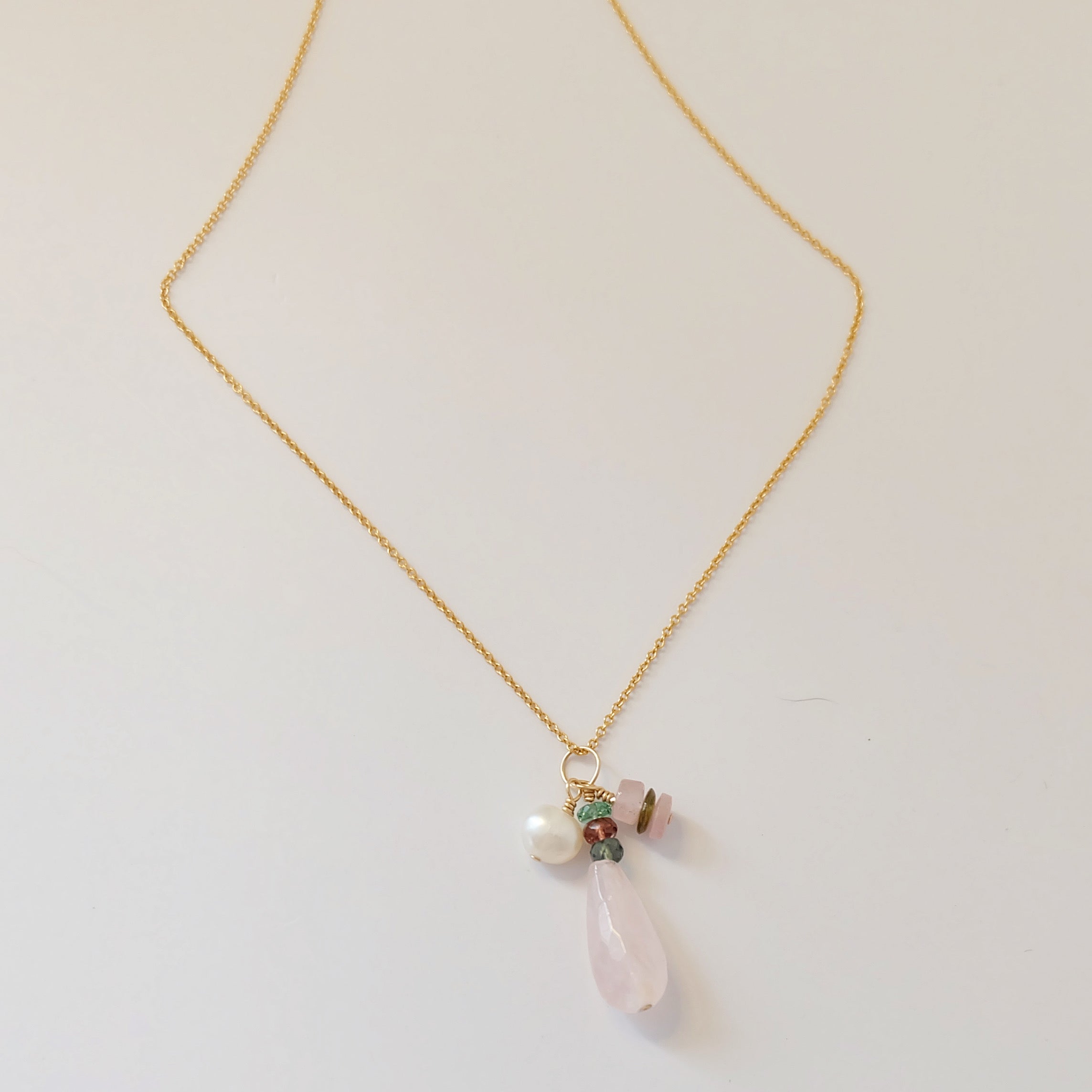 Rose Quartz & Tourmaline Gold Charm Necklace