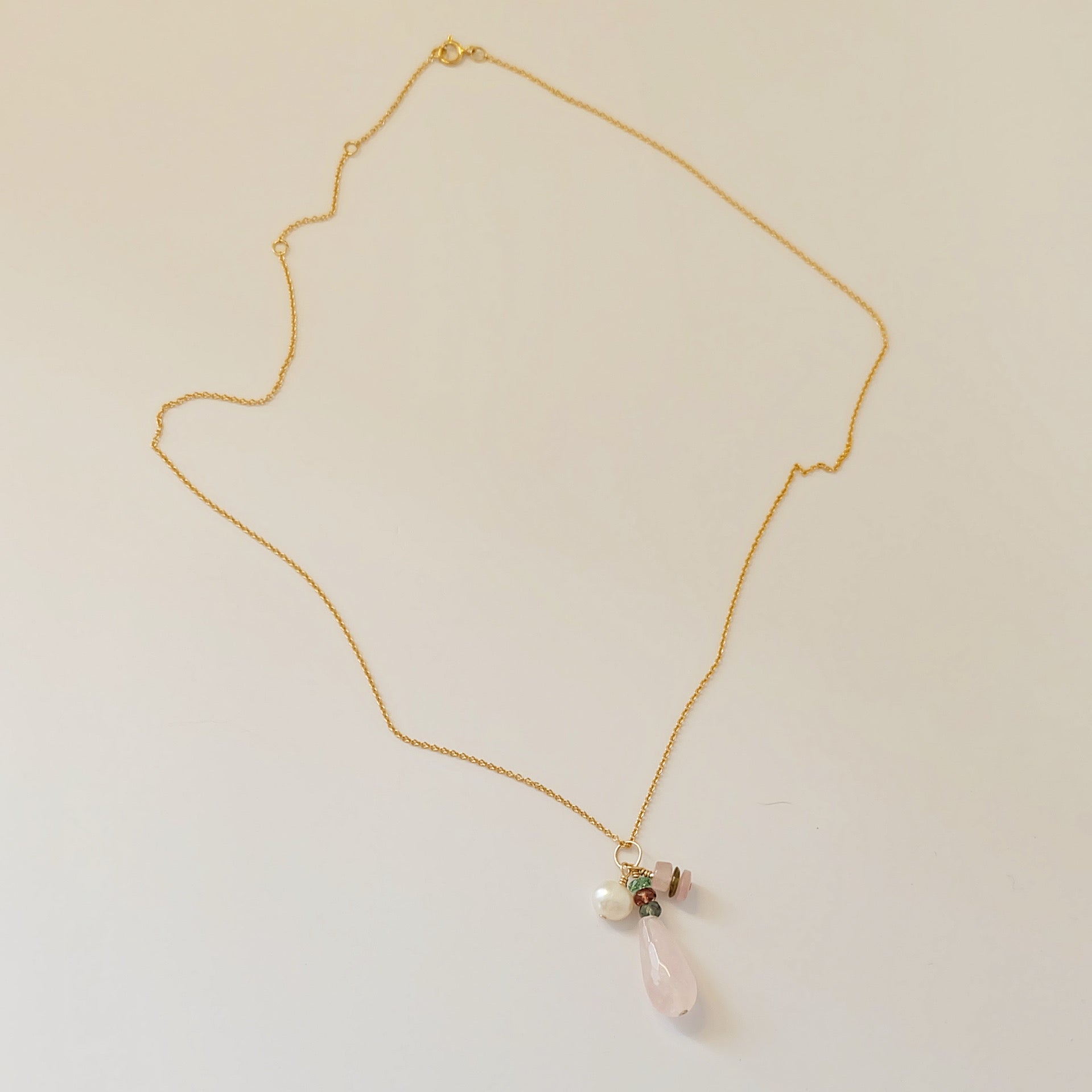 Rose Quartz & Tourmaline Gold Charm Necklace