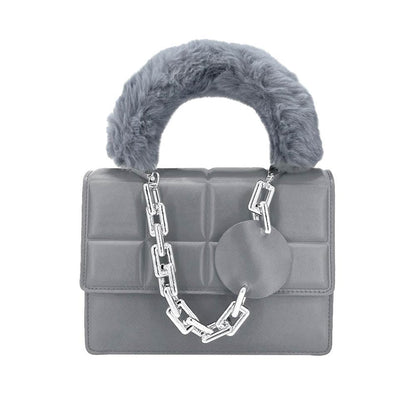 Solid Faux Fur Handle Tote Crossbody Bag