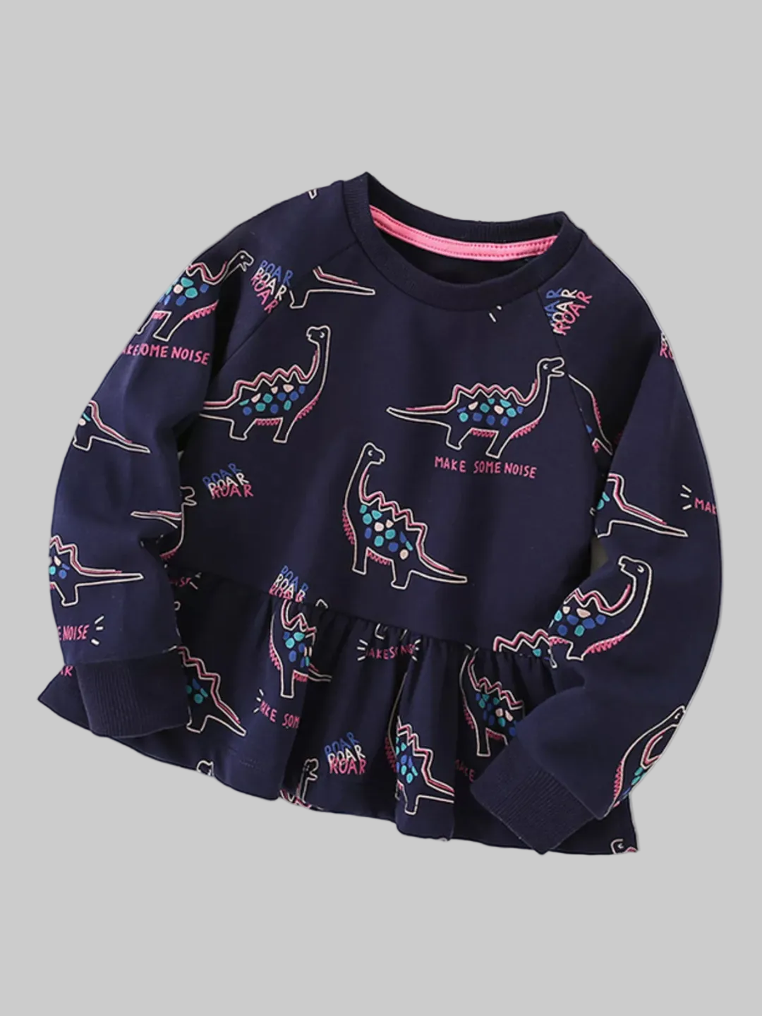 Girls and Toddler Girls Dinosaur Print Ruffle Hem Sweatshirt