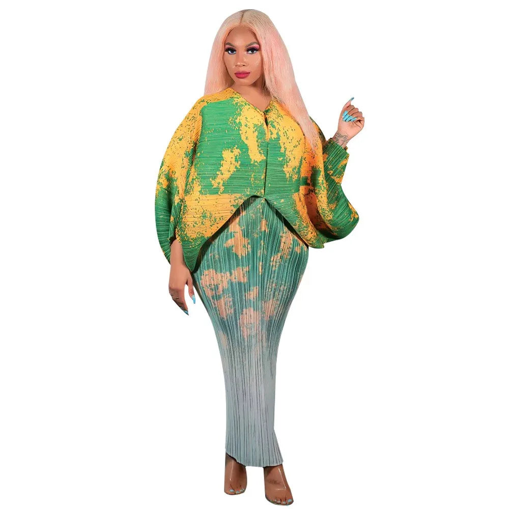 Hot Selling V-neck Bat Sleeve Printed Pleated Dress Stretch Fabric Dresses