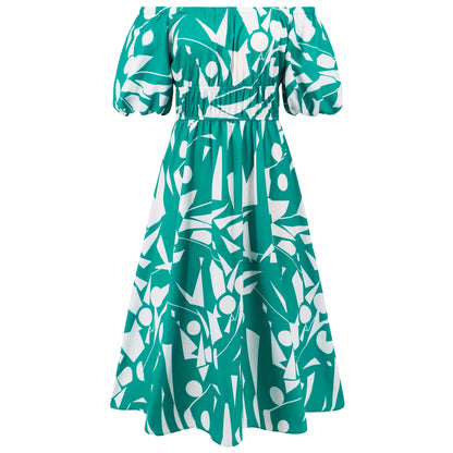Sexy off Shoulder Bubble Sleeves Printed Maxi Dress Bohemian Dress