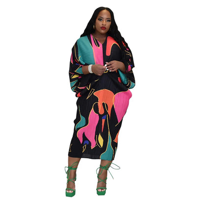 Hot Selling V-neck Bat Sleeve Printed Pleated Dress Stretch Fabric Dresses
