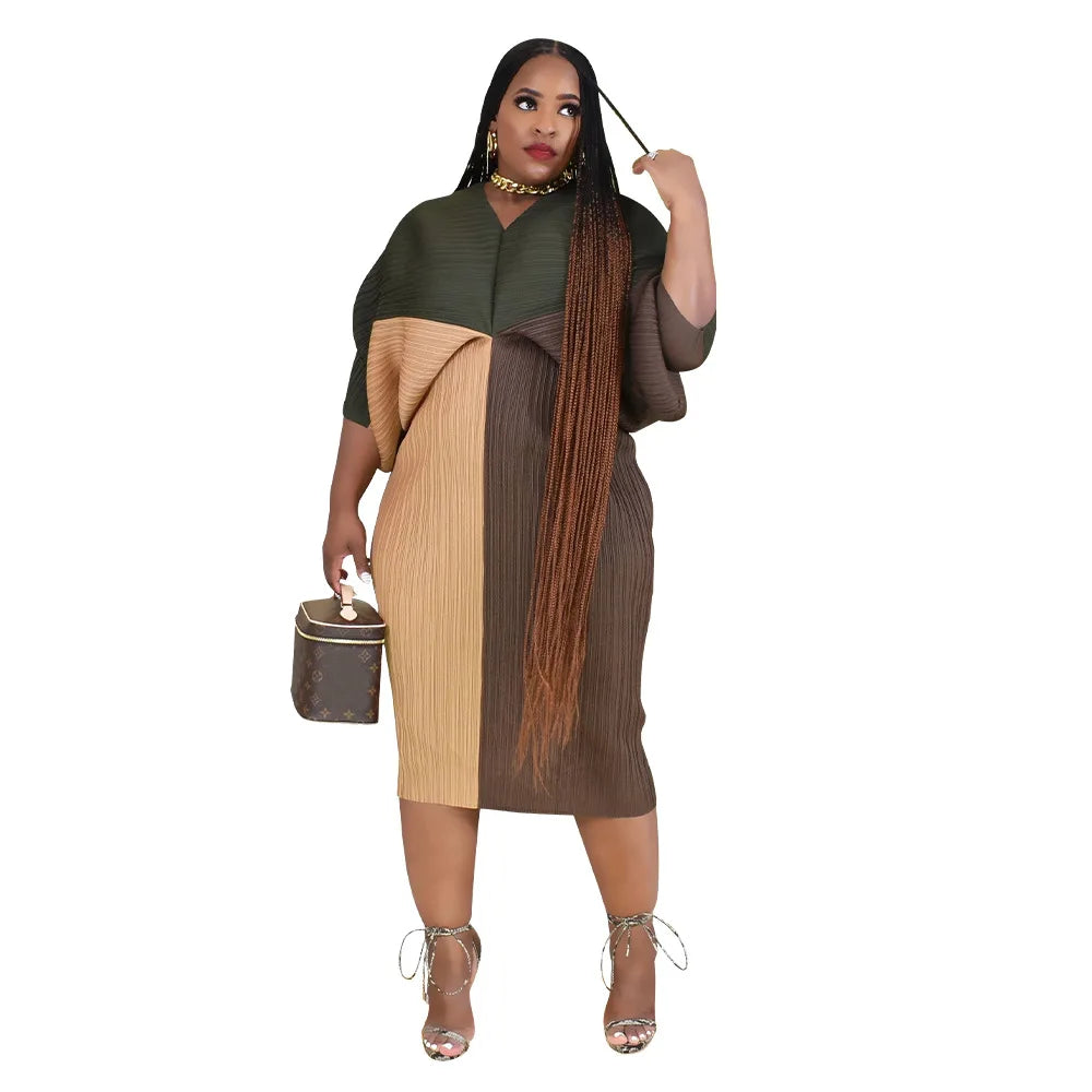 Hot Selling V-neck Bat Sleeve Printed Pleated Dress Stretch Fabric Dresses