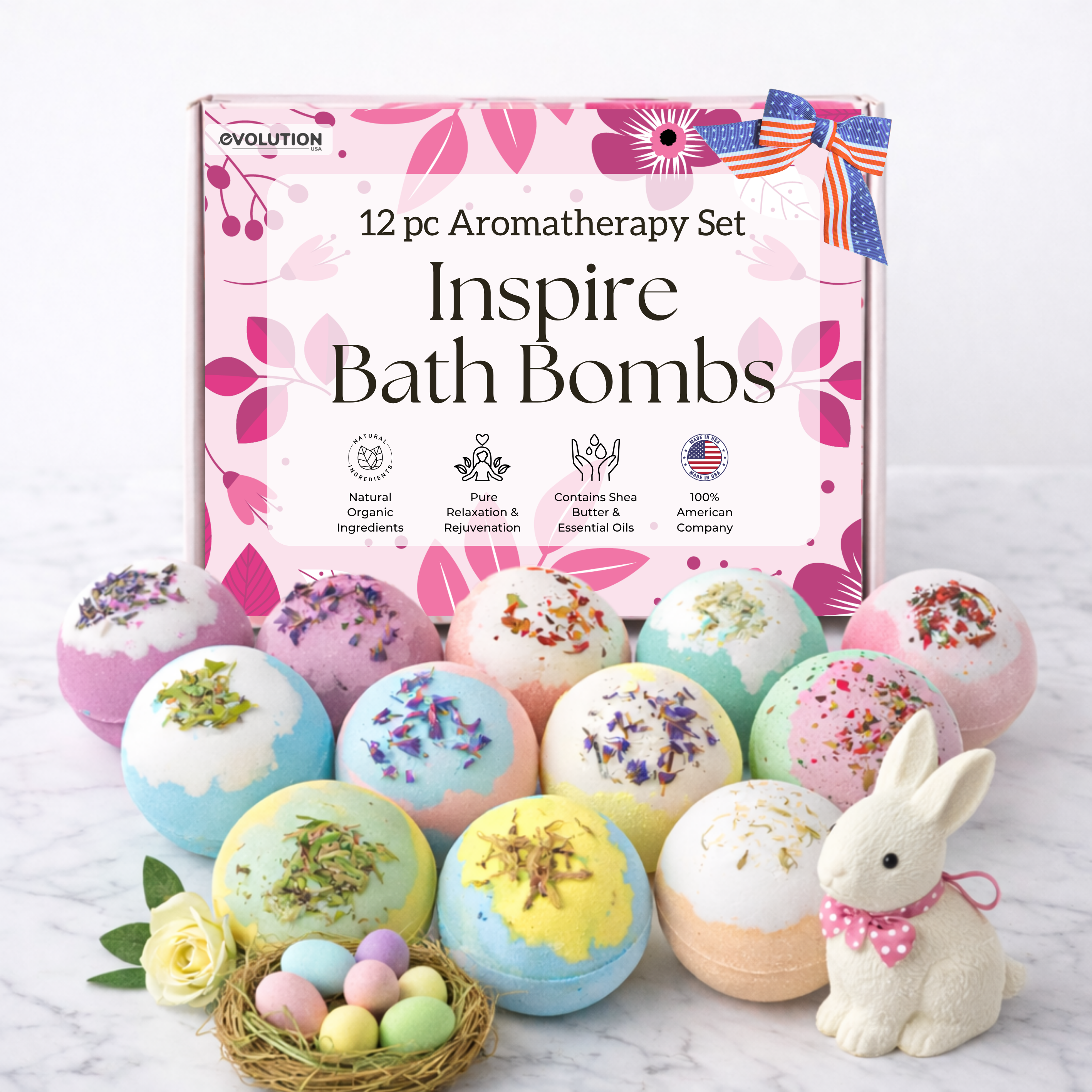 EvolutionUSA Inspire Bath Bombs for Women & Girls – 12 Flower Topped Bath Bombs Girls, Lush Womans Bathbomb Set, Organic Bath Fizzers, Luxury Gift Mothers Day, Birthday, Valentines, Easter or Self Care