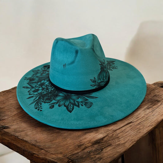 Wildflowers in Teal - Burned Wide Brim Hat