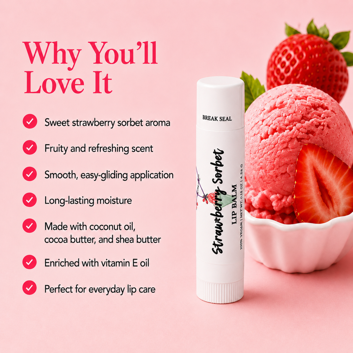 Strawberry Sorbet Lip Balm – Sweet Strawberry Moisturizing Lip Balm, Smooth Non-Greasy Lip Care, 0.15 oz