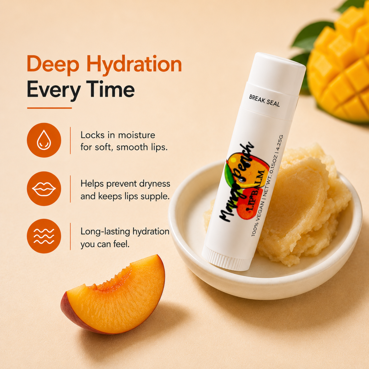 Mango Peach Lip Balm – Tropical Mango & Juicy Peach Moisturizing Lip Balm, Unsweetened, 0.15 oz