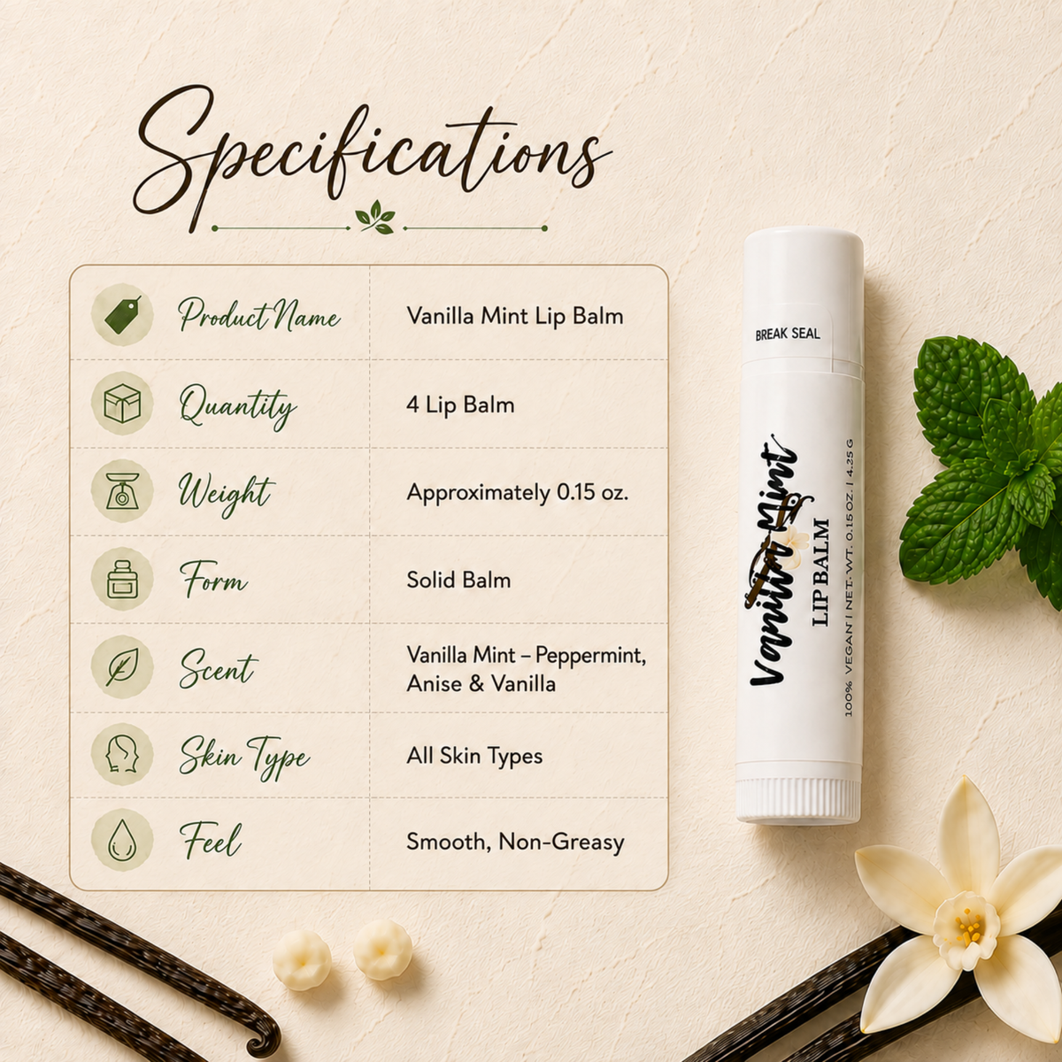 Vanilla Mint Lip Balm – Peppermint, Anise & Vanilla Moisturizing Lip Balm, Smooth Non-Greasy Lip Care, 0.15 oz