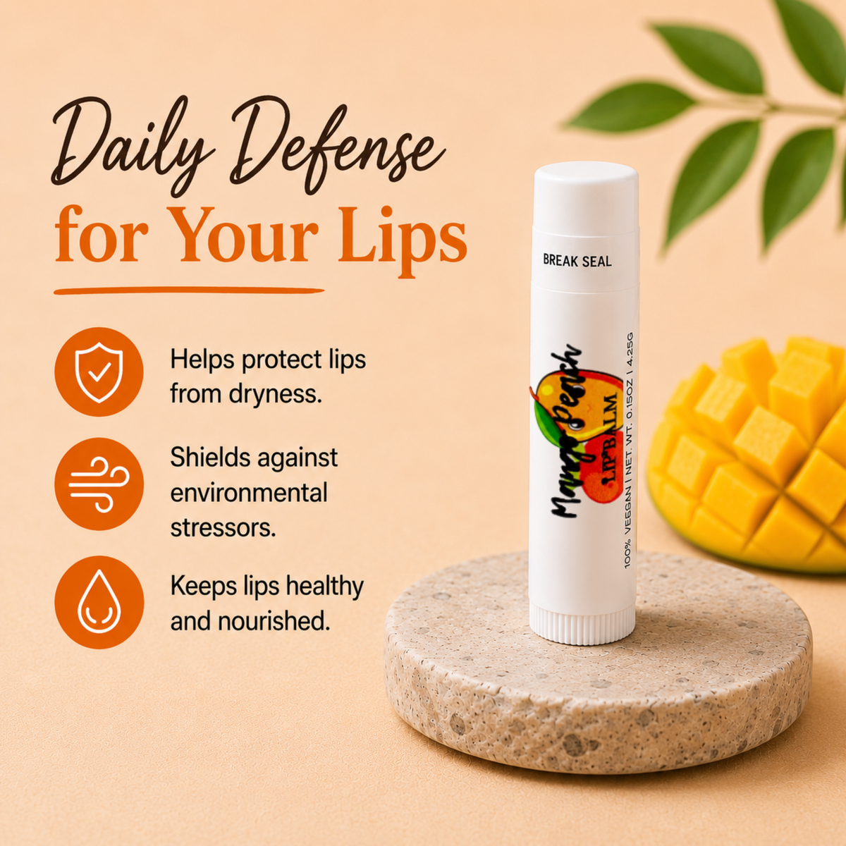 Mango Peach Lip Balm – Tropical Mango & Juicy Peach Moisturizing Lip Balm, Unsweetened, 0.15 oz