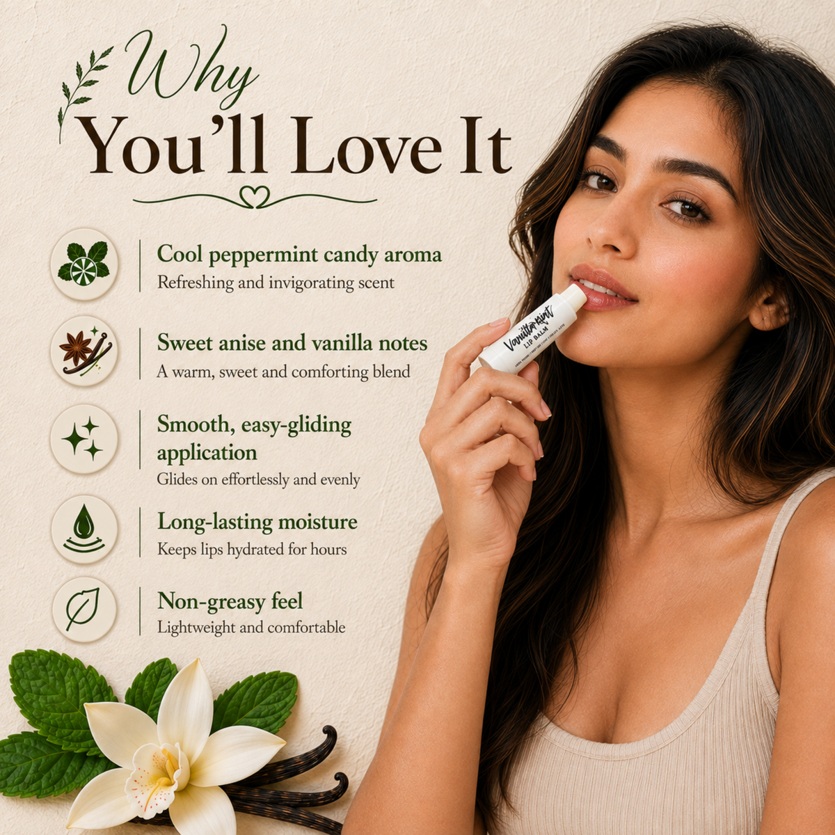 Vanilla Mint Lip Balm – Peppermint, Anise & Vanilla Moisturizing Lip Balm, Smooth Non-Greasy Lip Care, 0.15 oz