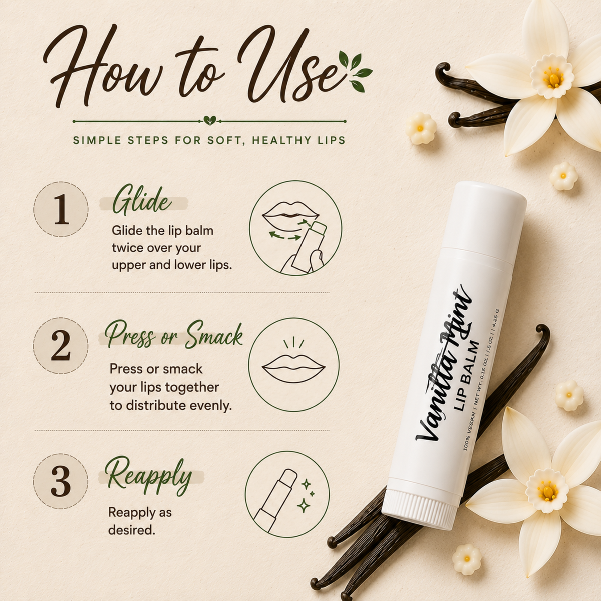 Vanilla Mint Lip Balm – Peppermint, Anise & Vanilla Moisturizing Lip Balm, Smooth Non-Greasy Lip Care, 0.15 oz