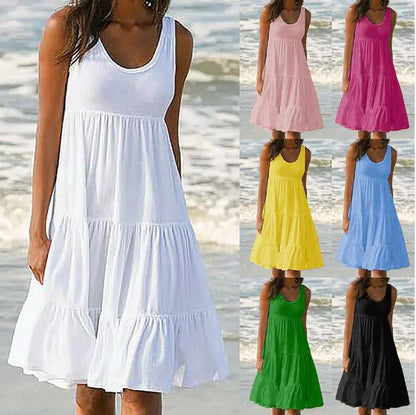 Sleeveless A-Line Beach Dress with Round Neck