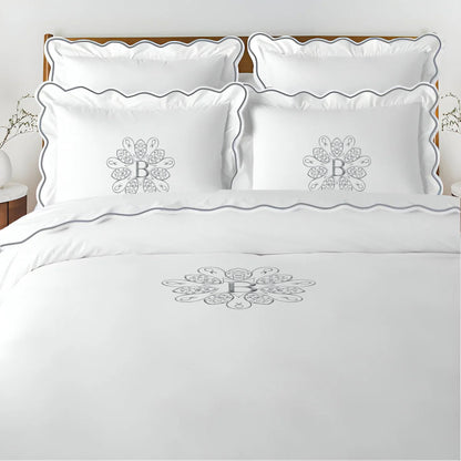Monogram 400TC Cotton Scallop Embroidery Sateen Solid Duvet Cover Set