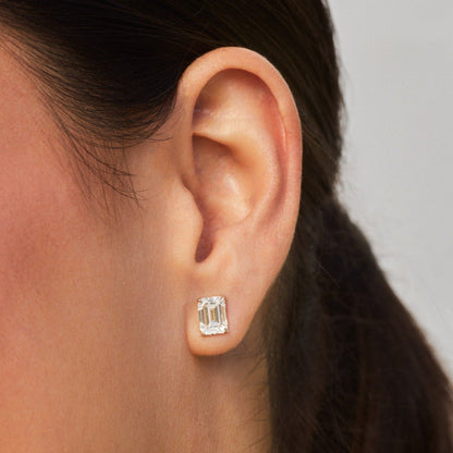 AGI Certified Lab Grown Emerald Cut Diamond Stud Earrings In 14K White Gold